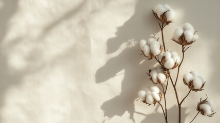 a few cotton bolls on their stems against an isolated soft linen beige background