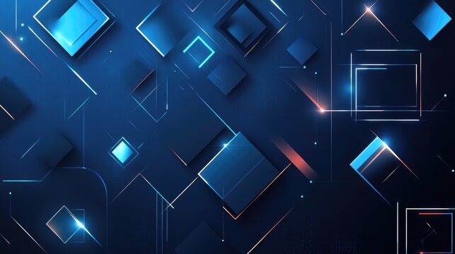 Dynamic blue geometric banner featuring squares, triangles, circles, and hexagons, creating a modern tech background template