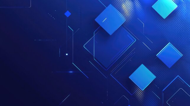 Dynamic blue geometric banner featuring squares, triangles, circles, and hexagons, creating a modern tech background template