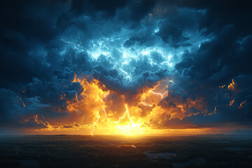 Poster - A dramatic thunderstorm over a vast plain, with lightning splitting the sky. Concept of Earth's weather extremes and natural forces.