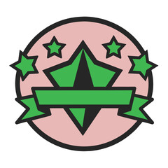 Wall Mural - Vector badge illustration with large green star, black center, green banner, four smaller stars, arranged around larger star in pink circle