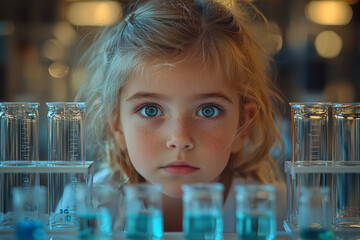 Poster - A child conducting a chemistry experiment, eyes wide with curiosity. Concept of hands-on learning and exploration.