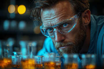 Poster - a chemist mixing substances in a lab, watching a reaction unfold. concept of chemical reactions and 