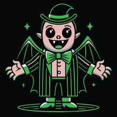 Wall Mural - A hand-drawn illustration of a friendly green vampire wearing a tuxedo and wings, welcoming guests on Halloween night