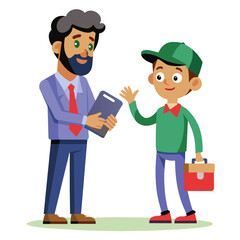 Wall Mural - A businessman with a tablet stands and talks to a young worker holding a toolbox