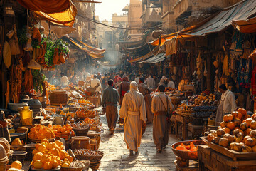 Canvas Print - A bustling market in a small town, filled with colors, sounds, and people. Concept of Earth's cultural diversity and human interaction.