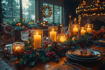 Poster - A beautifully set Christmas dinner table with candles, holly, and a festive centerpiece. Concept of holiday feasting and family gatherings.