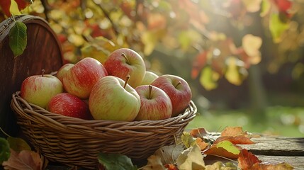 Poster -   A basket full of apples sits atop a wooden table surrounded by leaves and another basket of apples