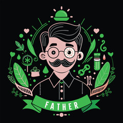 Wall Mural - Artistic illustration for Fathers Day featuring a man with glasses and a mustache, surrounded by greenery and symbols