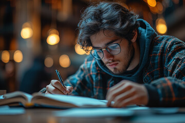 Poster - A student researching and writing a paper without external help, showcasing academic independence. Concept of self-directed learning and study.