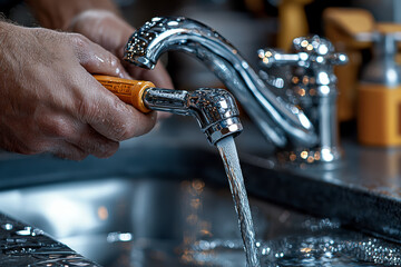 Poster - A person repairing a leaky faucet with a wrench, successfully stopping the water. Concept of DIY skills and home maintenance.