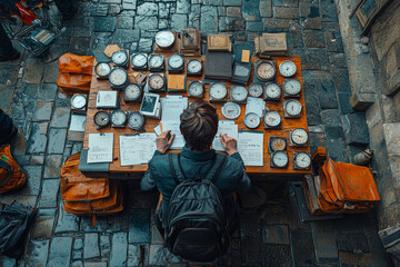Poster - a person managing multiple tasks at a workstation, demonstrating time management skills. concept of 