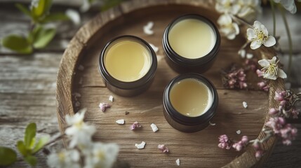 Natural skincare products displayed on a rustic wooden table surrounded by fresh flowers and petals in soft, warm light