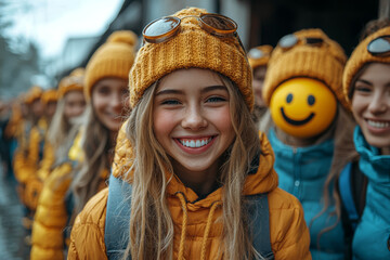 Wall Mural - A group of people dressed as different emojis, each one representing a different emotion. Concept of modern humor and group costumes.