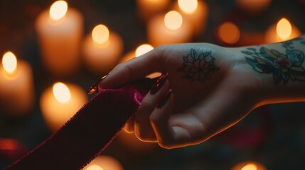 Poster -   A person's hand with a lit candle on a cloth background