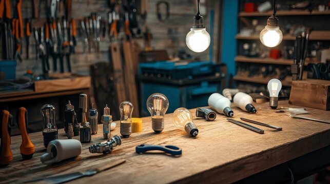 A collection of different types of light bulbs, including incandescent, LED, and CFL, neatly arranged on a workbench with tools and electrical tape.