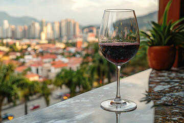 Sticker - A crystal wine glass filled with red wine, placed on a marble countertop with a cityscape in the background. Concept of luxury and urban sophistication.