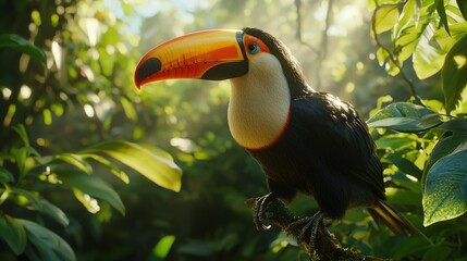 Sticker -   A tight shot of a toucan perched on a tree branch with sunlight filtering through the foliage above