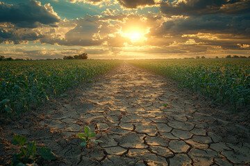 Sticker - A cracked and dusty farmland under a scorching sun, devoid of crops. Concept of agricultural challenges and food security in changing climates.