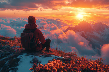 Wall Mural - An individual gazing at a breathtaking sunset from a mountain peak, feeling a profound sense of awe. Concept of natural beauty and emotional elevation.