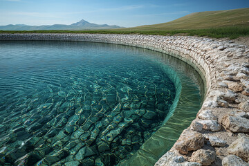 Poster - An empty reservoir with its water levels significantly lowered, reflecting the severity of prolonged water shortages. Concept of water conservation and climate impact.