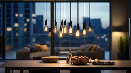 A modern pendant light fixture with multiple exposed bulbs, creating a stylish and contemporary lighting design over a dining table.