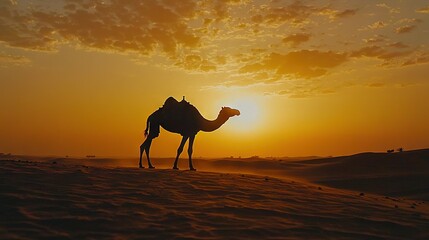 Poster -   Camel standing in desert, clouds, sunset