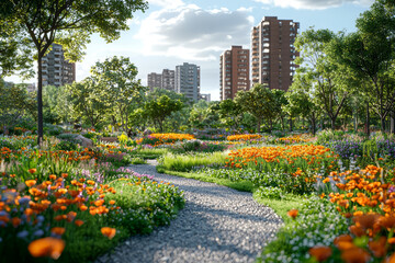 Poster - A thriving city park surrounded by urban development, emphasizing the importance of green spaces in densely populated areas. Concept of urban sustainability and green spaces.