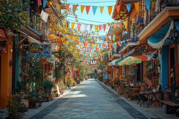 Sticker - A street adorned with colorful flags and decorations, marking the beginning of a significant cultural holiday. Concept of public spaces and cultural celebration.