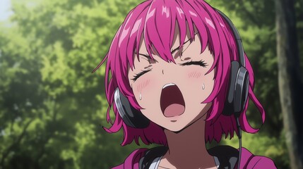 Sticker - pink hair anime girl listening music