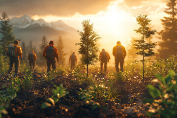 Canvas Print - A group of people planting trees in a deforested area, representing efforts to combat climate change through reforestation. Concept of ecological restoration and green initiatives.