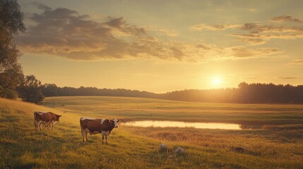 Wall Mural - A tranquil evening scene of a field with grazing cows and a setting sun casting a warm, golden glow over the landscape.