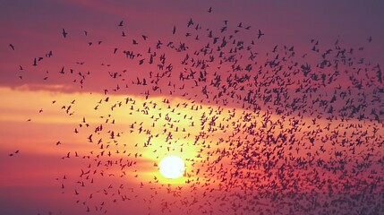 Wall Mural -   A flock of birds flying in front of the sun and another flock flying during sunset