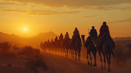 Poster -   A group of people riding on camel backs during sunset/sunrise in the desert