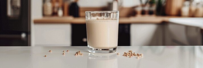 Wall Mural - Buckwheat milk in a glass on a light kitchen surface