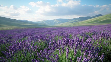 Poster -   Lavender field in front of mountains with blue sky and white clouds in the background