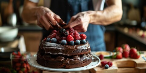 Wall Mural - Unidentifiable laborer making a decadent chocolate cake with fresh berries