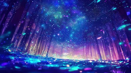 Wall Mural -   A purple and blue background with stars in the sky and ground lights is an enchanting image that captures the essence of a mystical night sky