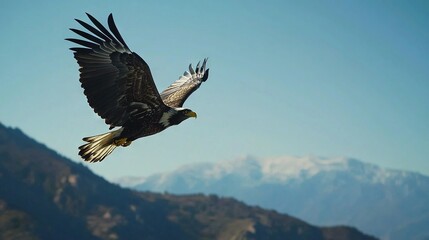 Canvas Print -   A majestic bald eagle flying high over a scenic mountain landscape