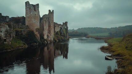 Canvas Print -   A majestic castle perched atop a verdant hillside overlooking a serene body of water and surrounded by a dense forest