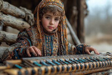 Sticker - A child learning to play a traditional musical instrument, participating in a cultural festival. Concept of education and tradition in cultural celebrations.