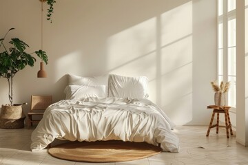 Canvas Print - A bedroom with a white bed, white pillows, and a white blanket, generative ai image