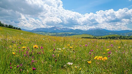 Poster -   A field of wildflowers with mountains in the background