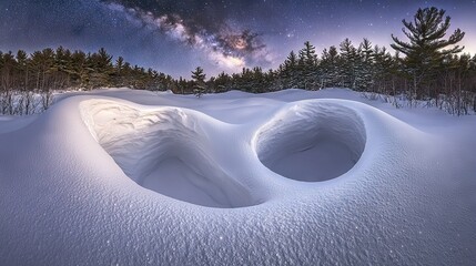 Sticker -   A snow-covered field with trees and a star-filled sky in the background