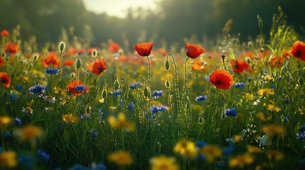 Poster -   A garden brimming with red, blue, and yellow blossoms bathed in sunlight filtering through the tree canopy behind