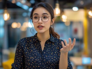 young female entrepreneur explaining idea dynamic hand gestures office setting