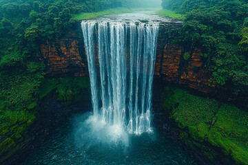 Sticker - Aerial photograph of a majestic waterfall cascading down a rugged cliff, surrounded by lush greenery. Concept of natural waterfalls and landscape grandeur.