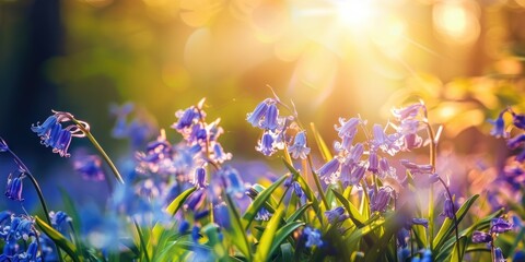 Wall Mural - close up of beautiful bluebell flowers in spring sunlight with a shallow depth of focus