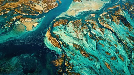 Poster -   An aerial view of the blue-green body of water with brown patches of land on top