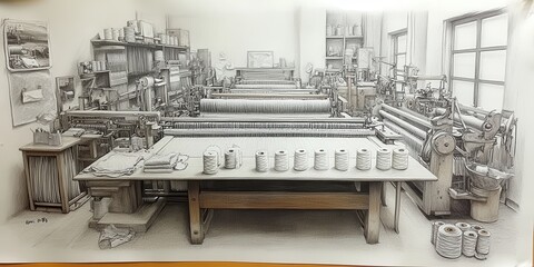 Vintage industrial machinery and workbenches in a detailed pencil sketch - a look into classic manufacturing and workshop environments